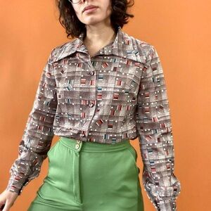 Vintage 1970s Brown Dagger Collar Shirt Sz M